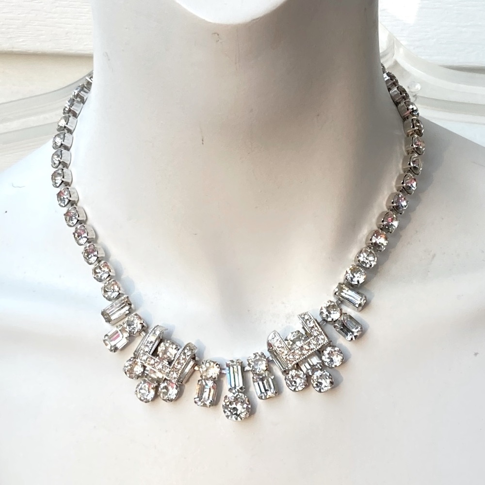 EISENBERG Vintage Rhodium plated Multi Shaped Clear Rhinestone Choker Necklace